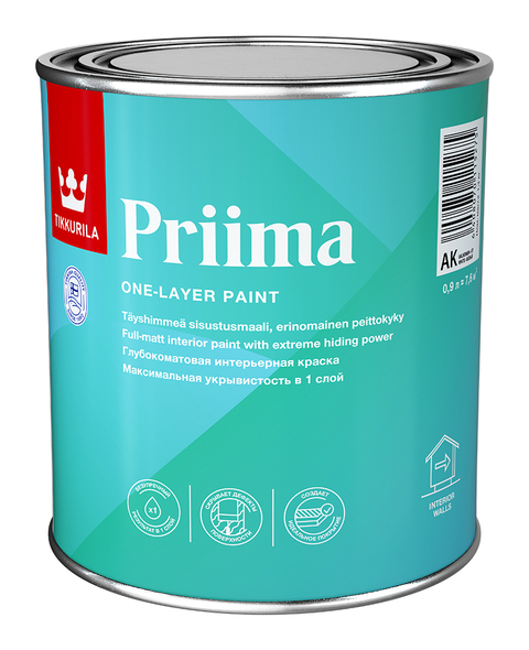 PRIIMA  AK однослойная интерьерная краска для стен и потолков глуб/мат 0,9 л (уп.6 шт)