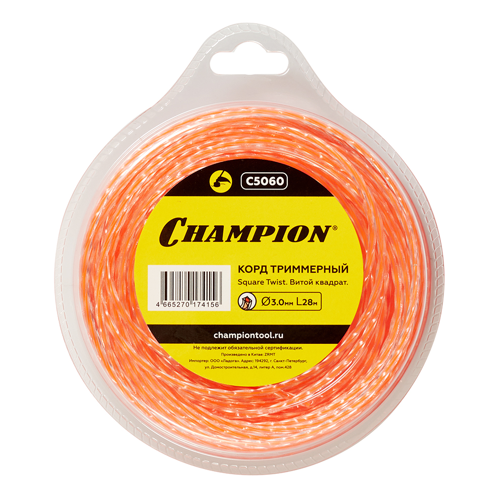 Леска для триммера Champion Square Twist DUO (C5060) витой квадрат 3,0 мм х 28 м красная