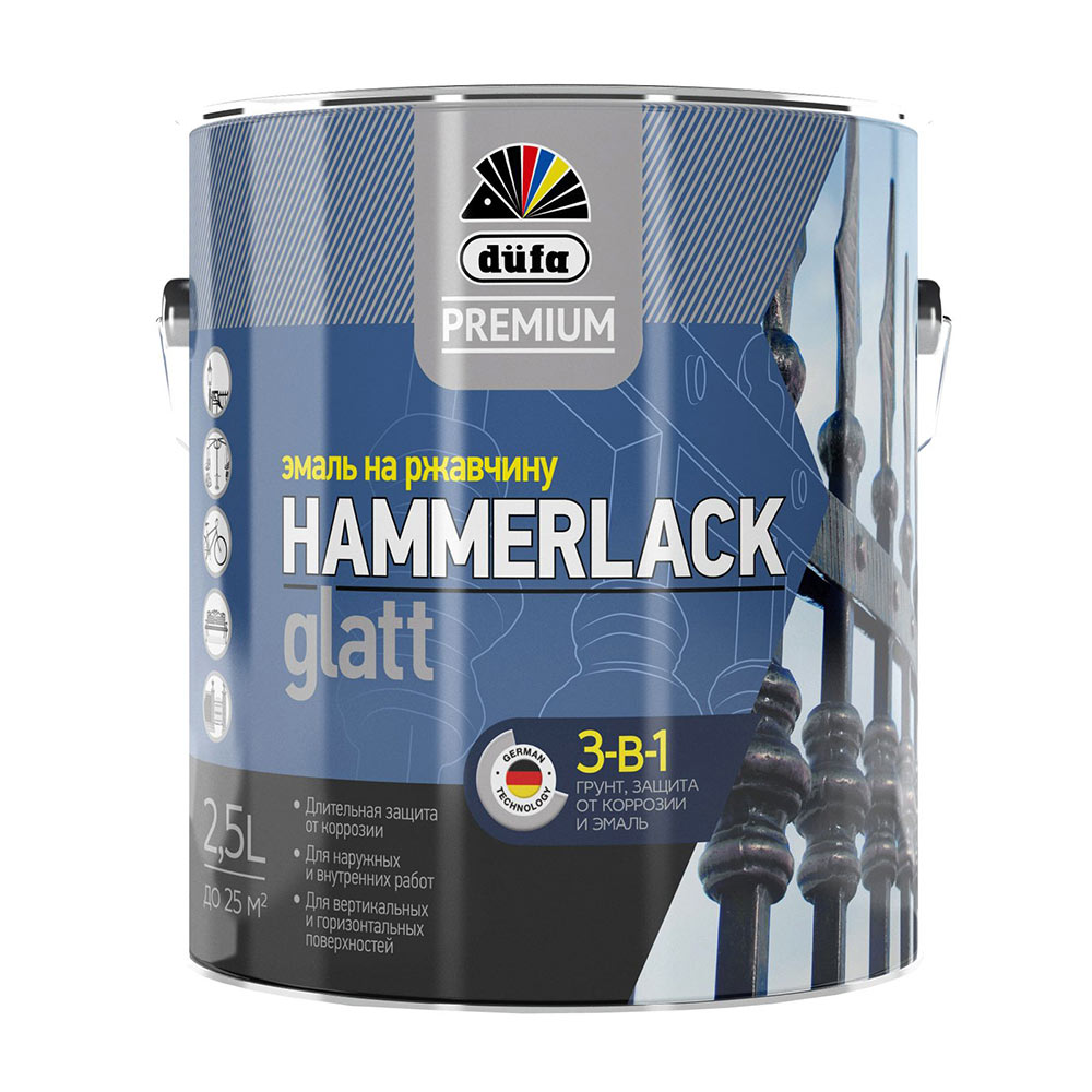 Эмаль по ржавчине 3в1 Dufa Premium Hammerlack серебристая RAL 9006 глянцевая 2,5 л