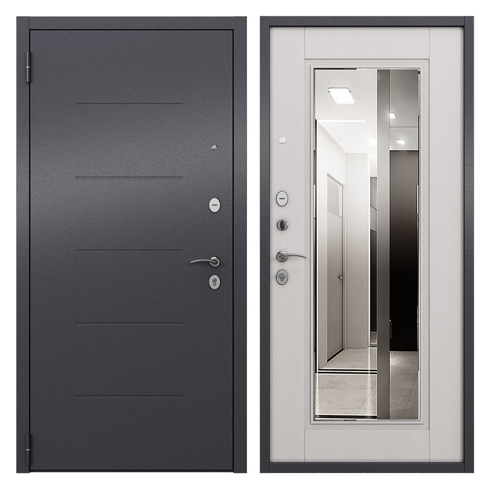 Дверь входная Buldoors Home Eco левая букле графит - ларче белый с зеркалом 860х2050 мм