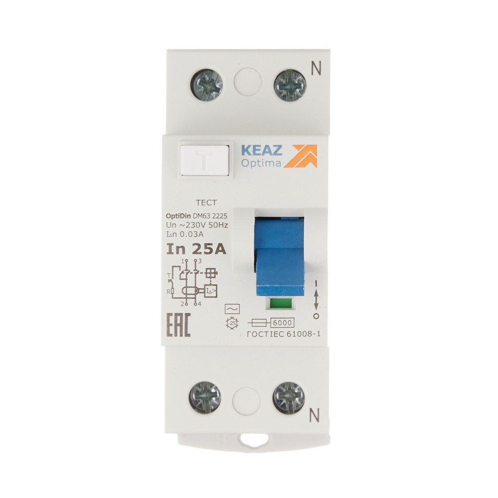 УЗО КЭАЗ OptiDin DM63 25А 30 мА 1P+N тип АС 6 кА (254166)