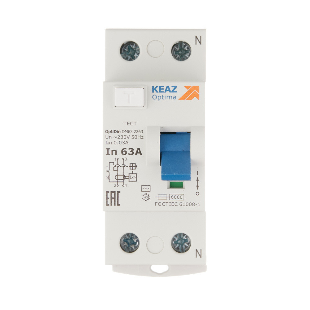 УЗО КЭАЗ OptiDin DM63 63А 30 мА 1P+N тип АС 6 кА (254186)