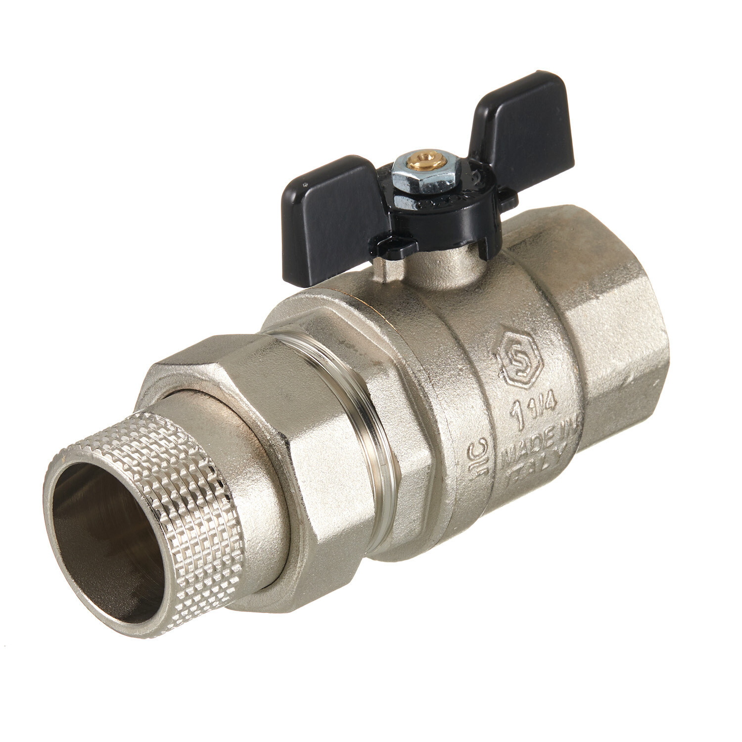 Кран шаровой латунный Stout SVB 1 1/4 ВР(г) х 1 1/4 НР(ш) полнопроходной бабочка со сгоном прямой (S