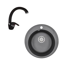 Мойка для кухни Granula Standart d48х19 см со смесителем Corsa Deco Aqua Black кварц черная (4802/966392)